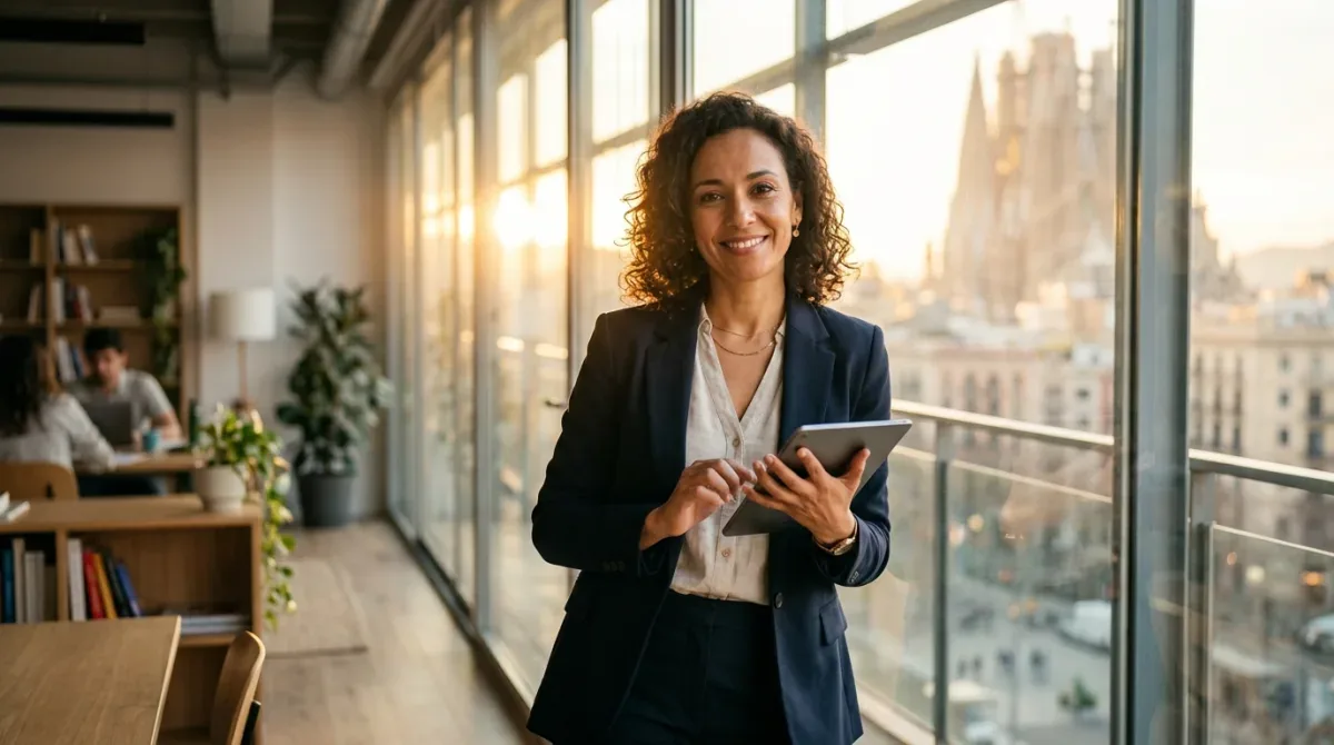 Empresaria española con tablet preparada para digitalizar su facturación con VeriFactu