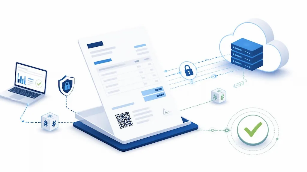 Infografía del sistema VeriFactu: emisión de facturas, hash criptográfico, código QR y verificación en la nube de la AEAT