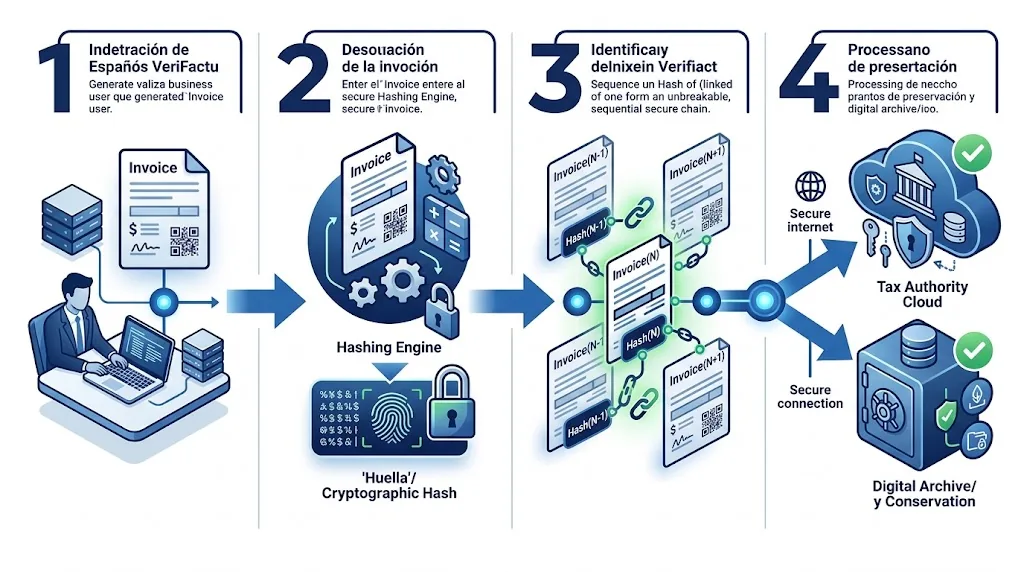 Infografía de las cuatro etapas del flujo de facturación VeriFactu: generación, hashing, encadenamiento y remisión o custodia
