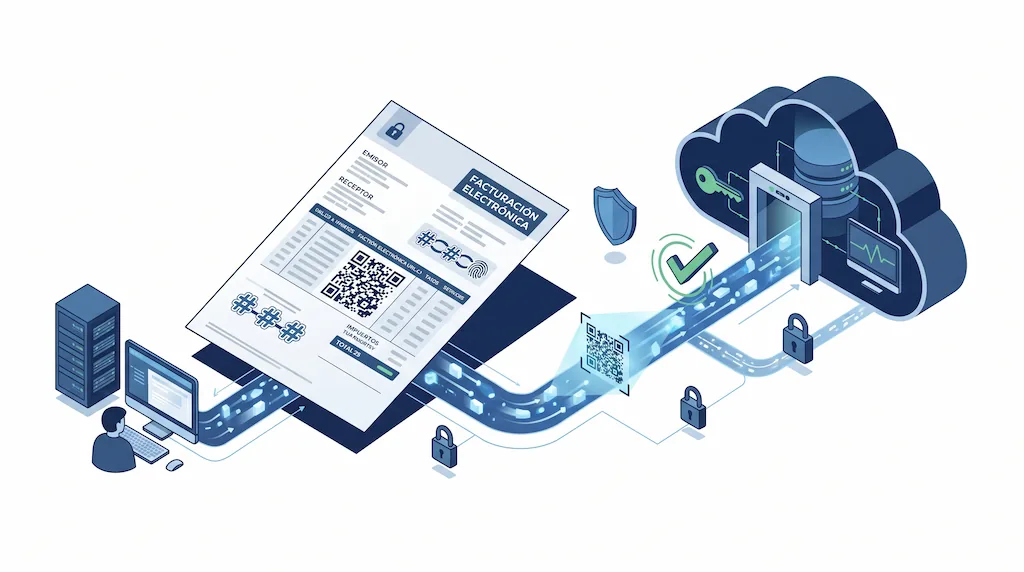 Infografía del flujo digital seguro de facturación electrónica con código QR y validación instantánea en la Agencia Tributaria