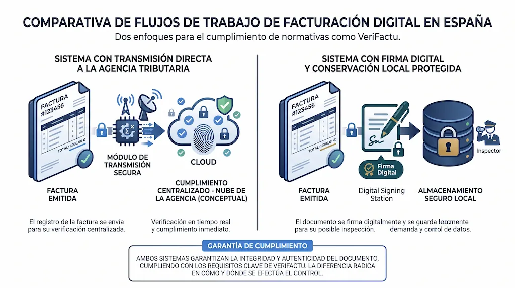 Comparativa de flujos de trabajo de facturación digital en España: sistema con transmisión directa a la AEAT versus sistema con firma digital y conservación local